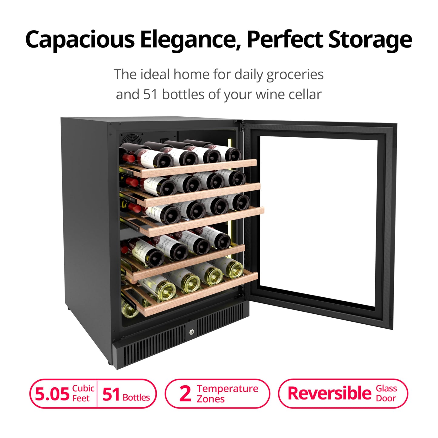 Frostronics 24 Inch Dual Zone Wine Refrigerator, 51 Bottles Under Counter Built-In or Freestanding Wine Cellar, Wine Cooler with Quiet Compressor Cooling and Reversible Glass Door, Fits Large Bottle