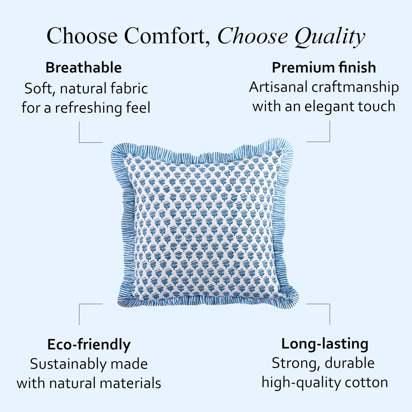 CPC Apatite Blue Ruffle Throw Pillow Covers for Couch, 18x18 Inch Cotton Stripe Ruffle Couch Pillows for Living Room, Hidden 14 Inch Zipper Boho Pillow Case or Cute Outdoor Pillows