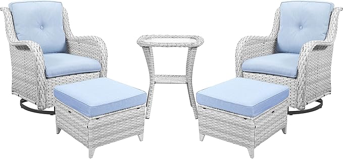 Belord Outdoor Swivel Rocker Furniture 5 Pieces Patio Wicker Furniture Sets, Rattan Patio Swivel Glider Chairs with 2 Ottoman and Glass Side Table