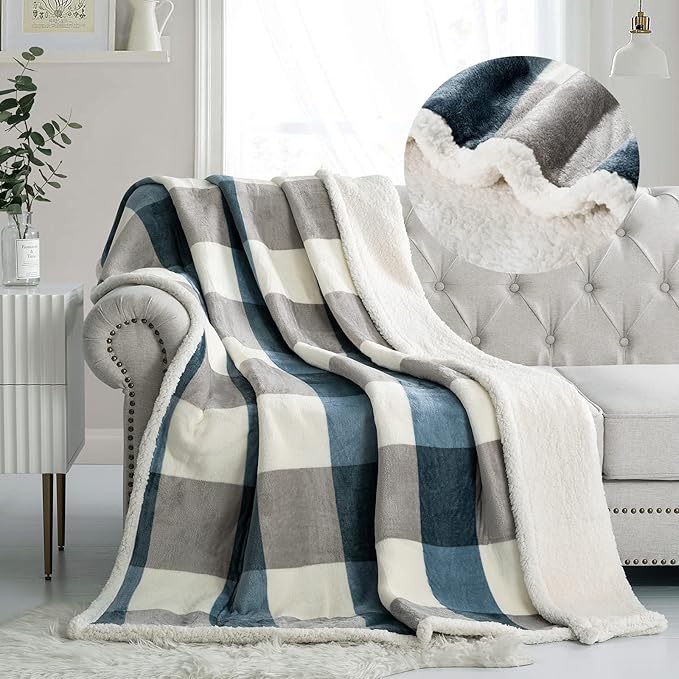 PU MEI Sherpa Fleece Throw Blanket 60" x 80" Reversible Plush Fluffy Large Big Blanket Lattice Flannel Blankets for Sofa C...