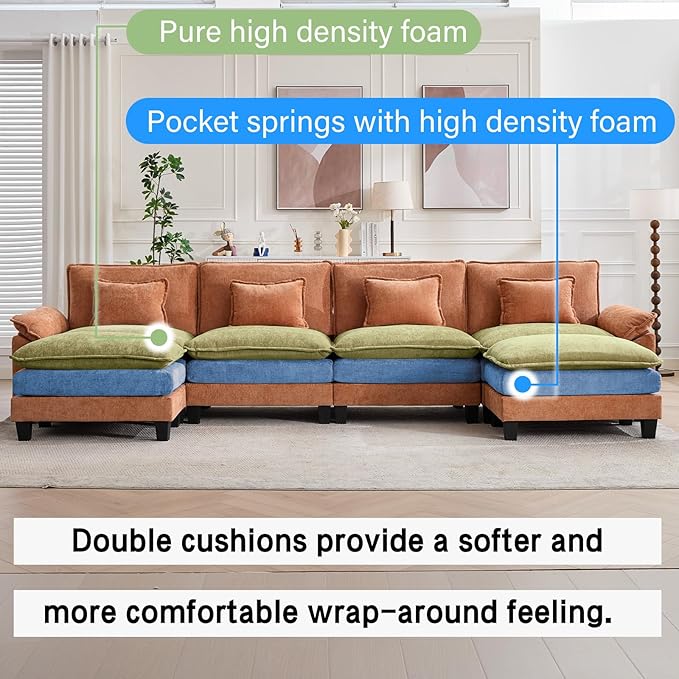 Oprisen 154" Modular Sectional Sofa, Comfy Cloud Couch Sectional Sofa with Ottoman, Chenille Sofa Sleeper Deep Seat Sofa with Throw Pillows for Living Room (Orange, 154"- U Shape)