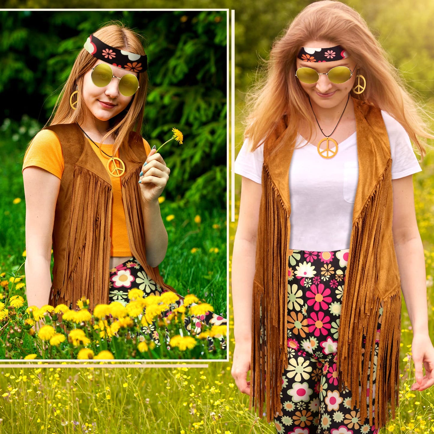 Haull 7 Pcs 60s 70s Outfits for Women Hippie Costume Set Boho Flared Pants Fringe Vest Peace Sign Accessories Set (Flower,XX-Large)