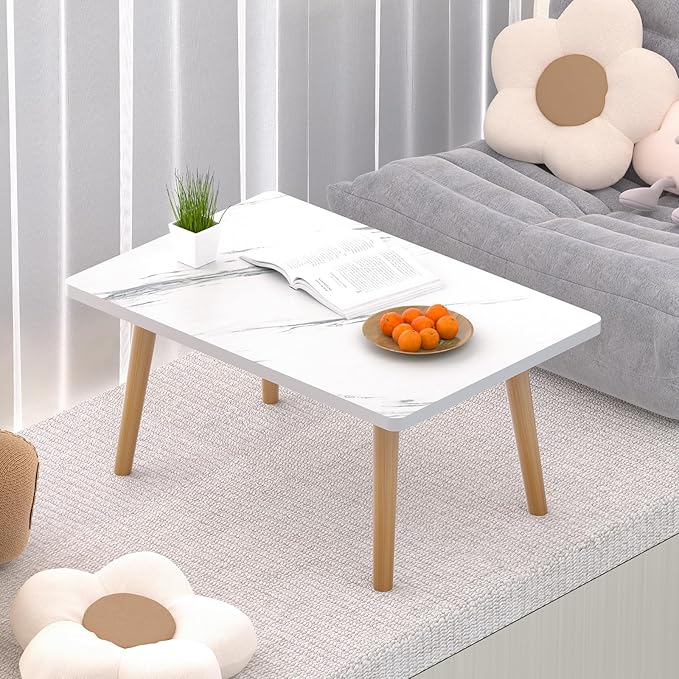 Small Coffee Table for Small Space, Low Table, Floor Table Desk for Sitting on The Floor, Storage Living Room Furniture, Tatami Tea Tables with Solid Wood Legs, Home Office, Farmhouse, Rectangle White
