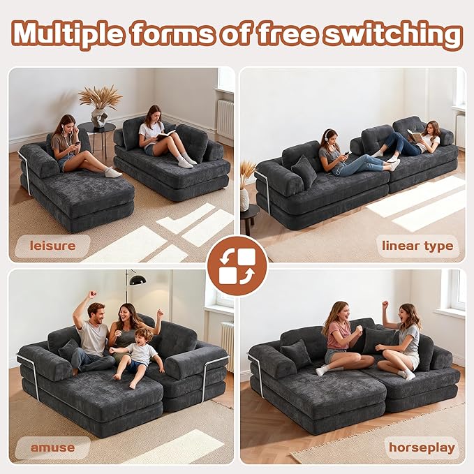 104" Oversized Convertible Sleeper Sofa Bed, Chenille L Shape Sectional Couch, Folding Sofa Bed with Fixed-Shape Frame, Modern Cloud Floor Mattress Couch, Modular Sofa for Living Room, Dark Grey