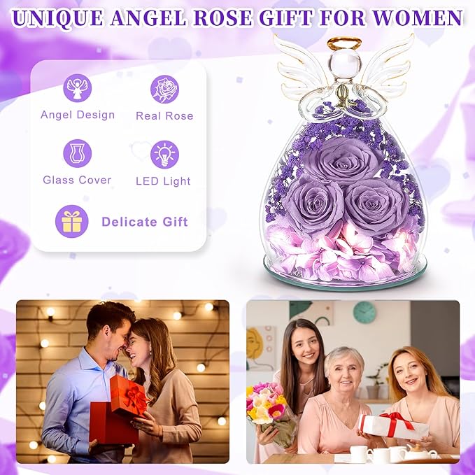 Beferr Valentines Day Rose Gifts for Her Women Mom Gifts for Birthday, Fresh Flowers for Delivery Forever Preserved Rose in Glass Angel Figurine, for Grandma Wife Daughter Girlfriend