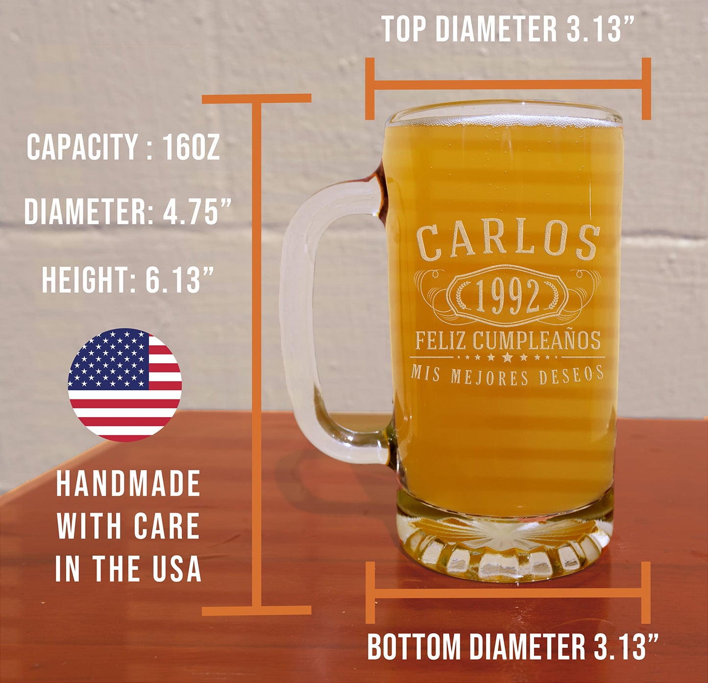 Personalized Etched 16oz Glass Beer Mug - Customized Beer Mug for Men, 40th Birthday Gifts for Brother, Custom Mug For Him Man Father Dad, Father's Day, Regalos Personalizados para Hombre, Bernard