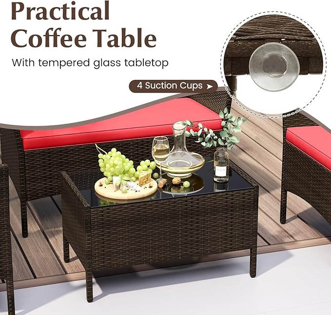 KOTEK 8 Piece Patio Furniture Set, Outdoor Rattan Conversation Set with Loveseat, Wicker Chairs, Tempered Glass Coffee Table, Wicker Patio Set for Backyard, Porch (Red)