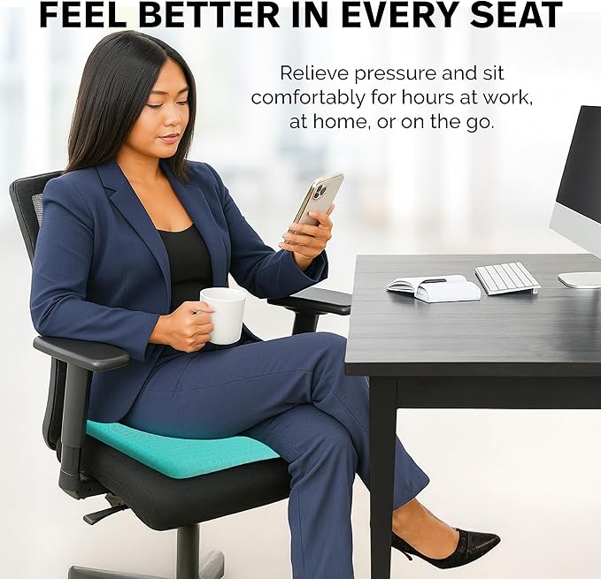 Gel Seat Cushion for Tailbone Support and Relief from Butt and Back Pain and Pressure - Cushions are Large Thick and Comfortable - Ideal for Office Chairs Driving Travel and Long Sitting