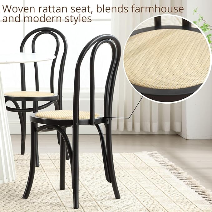 DM Furniture Solid Wood Dining Chairs Set of 2 Mid-Century Modern Rattan Kitchen Room Chairs with Backrest Bentwood Side/Desk Chairs for Dining/Living Room,Home, Black Wood