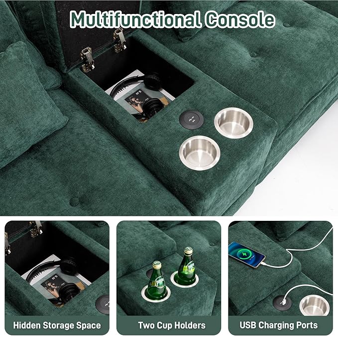 BEQAI 134"U Shaped Sectional Couches for Living Room, Oversized Modular Sectional Fluffy Couch with 2 Ottoman & Storage Console,Modern 6 Seat Living Room Sofa with Glitter Fabric,Tufted Buttons, Green