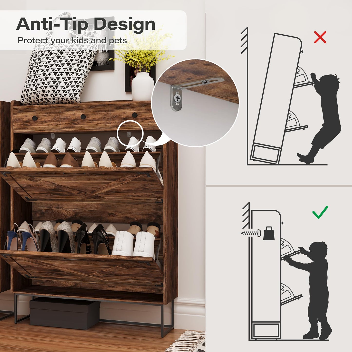 LAUSAINT HOME Shoe Storage Cabinet with 2 Flip Drawers & 3 Drawers for Entryway, Freestanding Hidden Shoe Organizer with Metal Legs, Slim Narrow Shoe Rack Cabinet, Rustic Brown