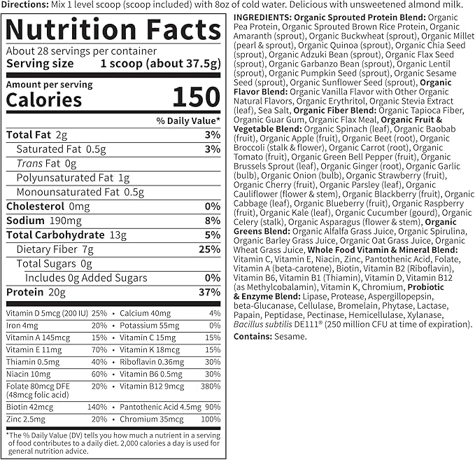 Garden of Life Meal Replacement Shakes, Raw Organic, Vanilla Protein Powder with Plant Based Pea Protein, Sprouts, Greens, Probiotics, Dairy Free 28 Servings