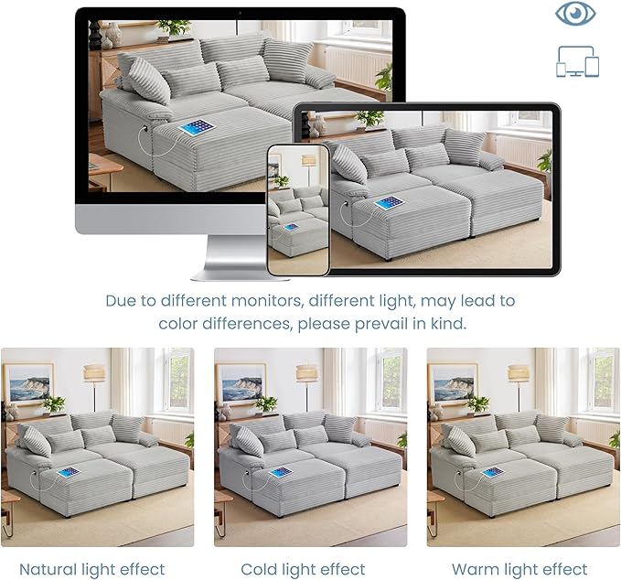 SUNWAVE 74" W Double Chaise Lounge Chair Indoor, Oversized Loveseat with Storage Ottoman, Corduroy Couch with USB Charging, Removable Ottoman, and Coffee Table Cushions for Living Room, Apartment