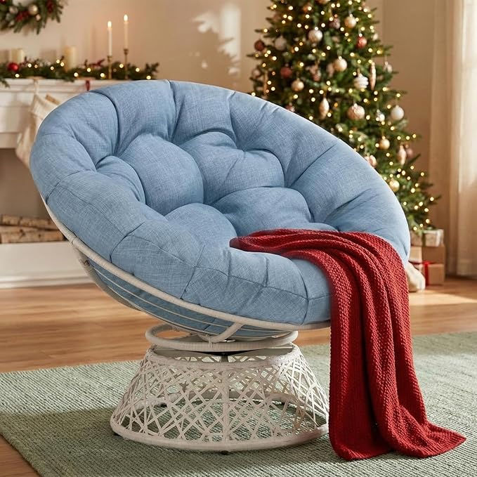 Bme 40" Ergonomic Wicker Papasan Chair with Soft Thick Cushion & Frame, 360° Swivel, Circle, Reading, Comfy Chair for Living Room, Bedroom
