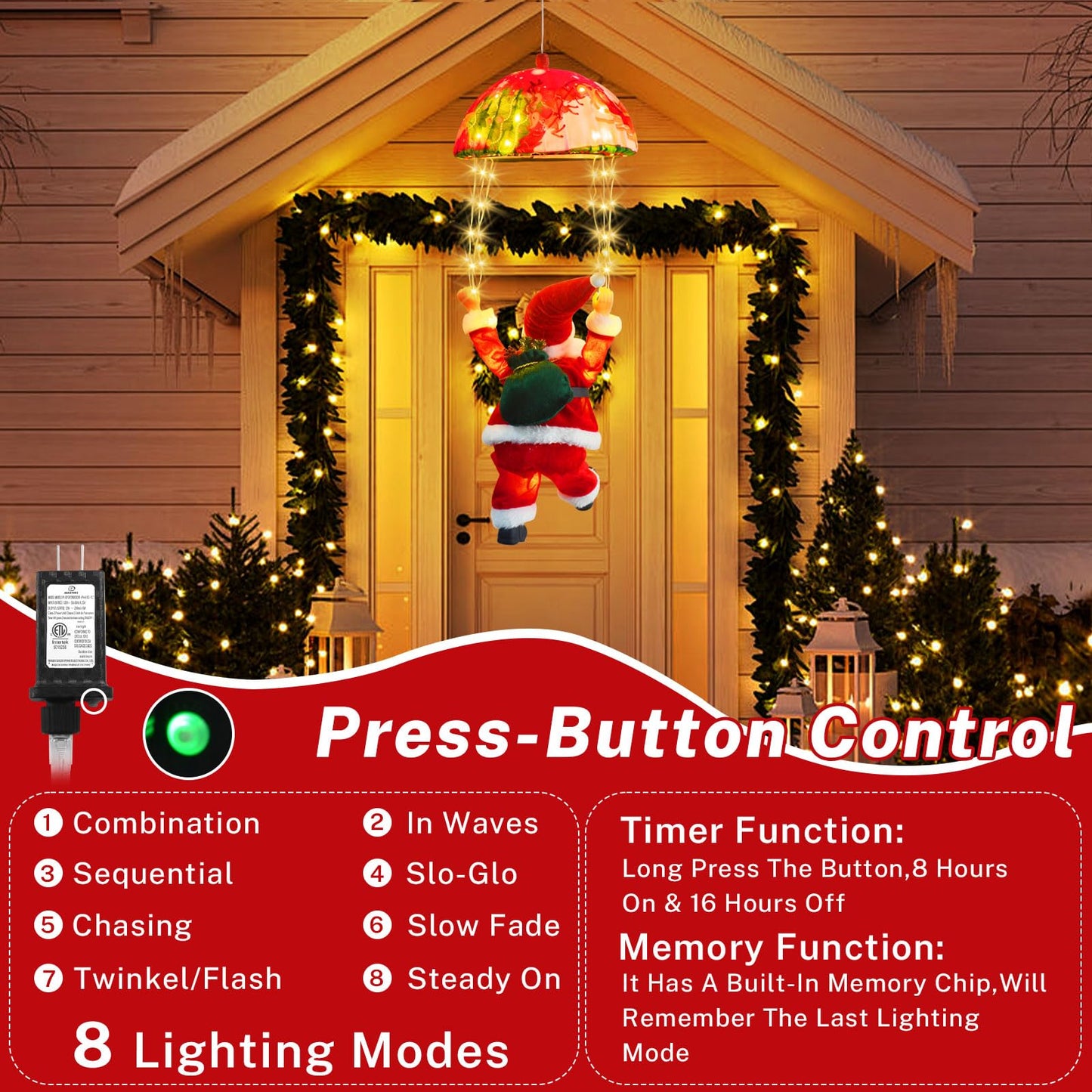JNOEC Christmas Lights Outdoor Indoor, Santa Claus Parachute LED Lights, 8 Modes & Timer Christmas Decorations Lights Outside Inside for Window, Garden, Home, Porch, Xmas Tree Decor (Warm White) ﻿