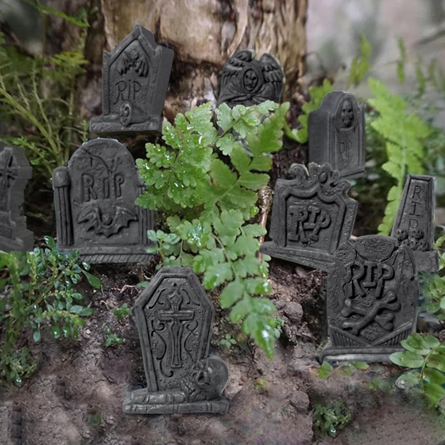 JOYIN 12 Pcs Halloween Miniature Tombstones Graveyard Decorations Outdoor, RIP Headstone with Skull Cross Design for Halloween Cemetery Yard Lawn Outdoor Indoor Decorations (Stone Gray)