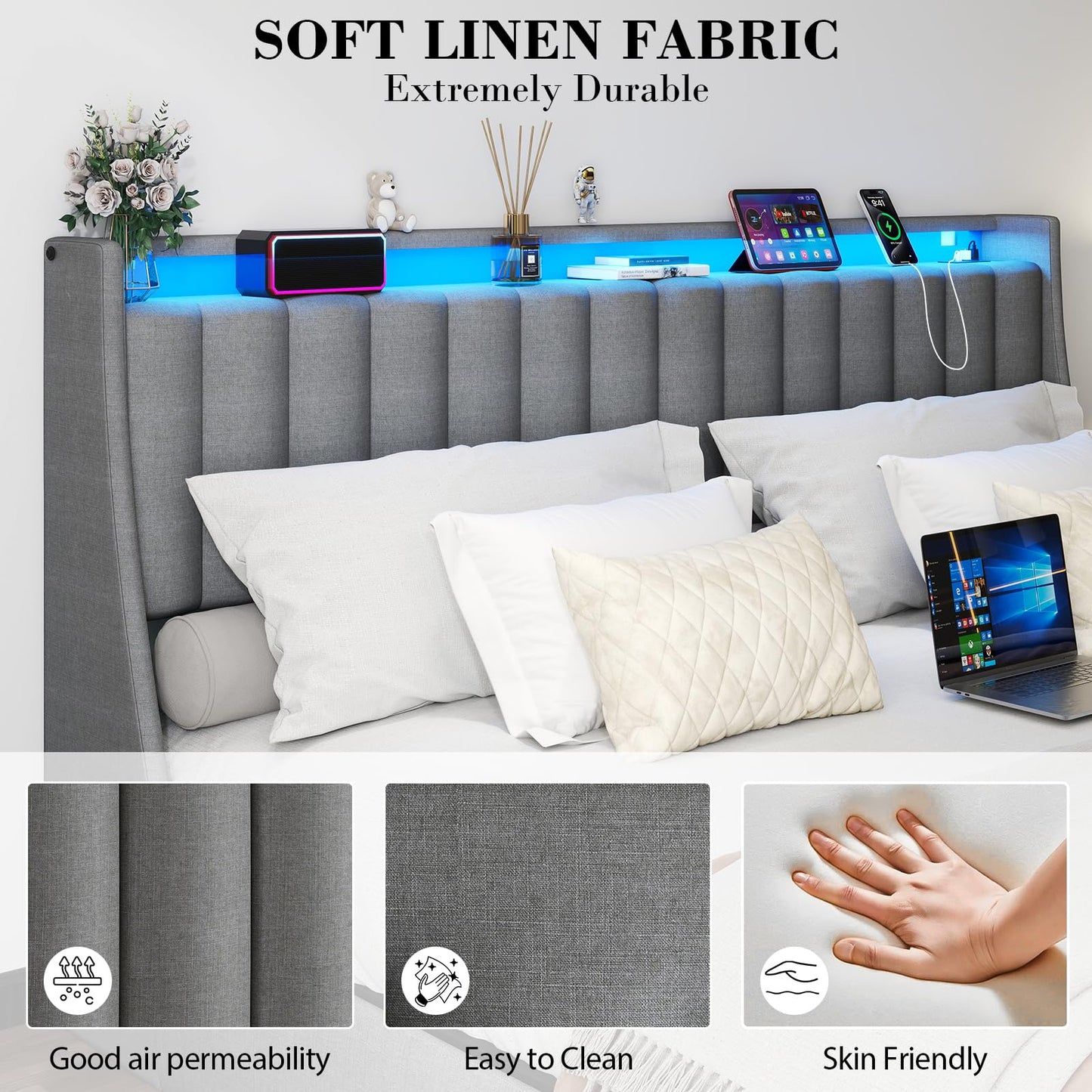 Queen Bed Frame with 2 Storage Drawers, Platform Bed Frame Queen Size with LED Light, Upholstered Headboard, Charging Station, Steel Slat Support, No Box Spring Needed, Noise-Free, Easy Assembly, Gray