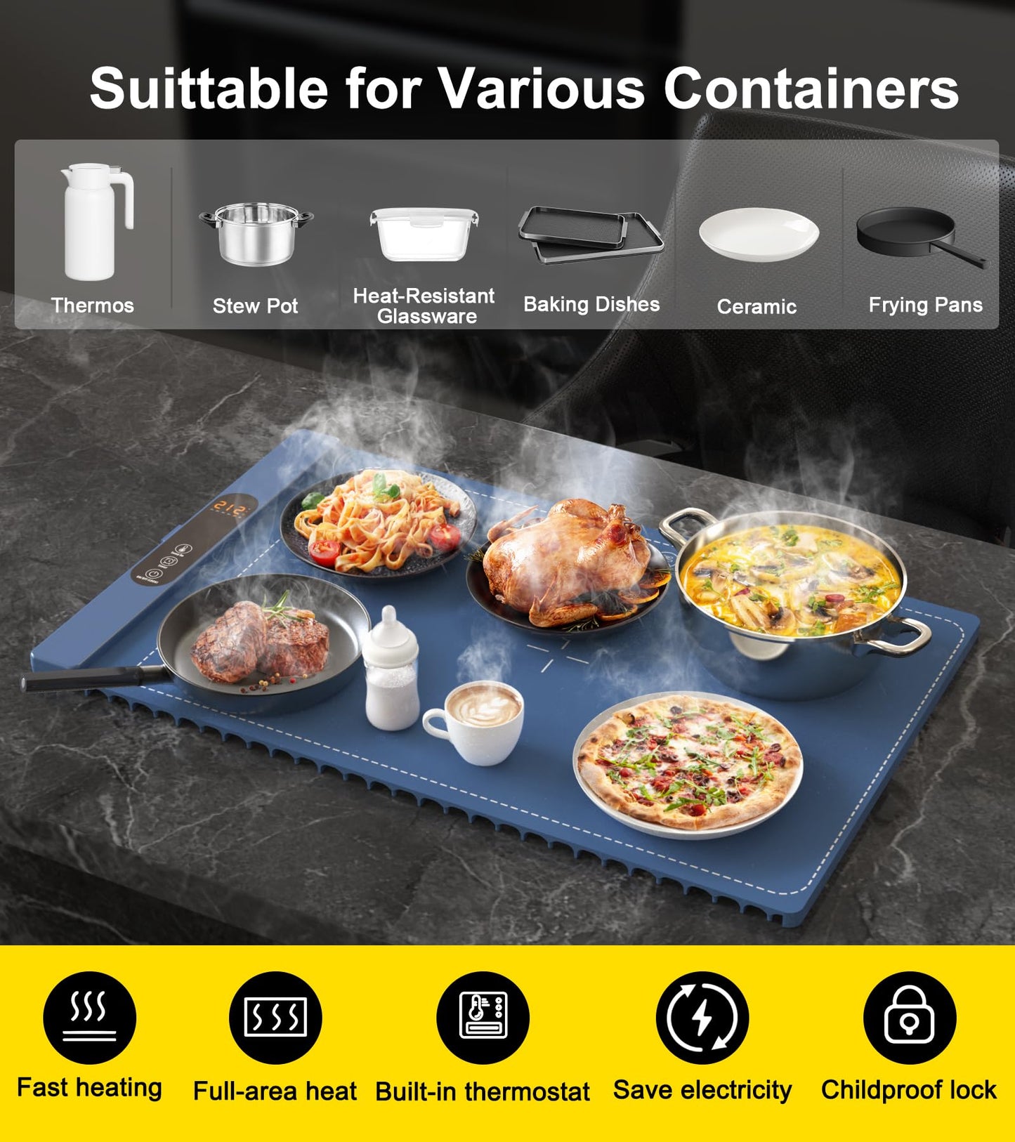 Warming Mat for Food, Electric Silicone Warming Tray for Buffet Party, 6 Temperature Settings, 5H Timer, Safety Lock, Foldable Plateful Food Warmer Mat for Countertop, Kitchen, Family