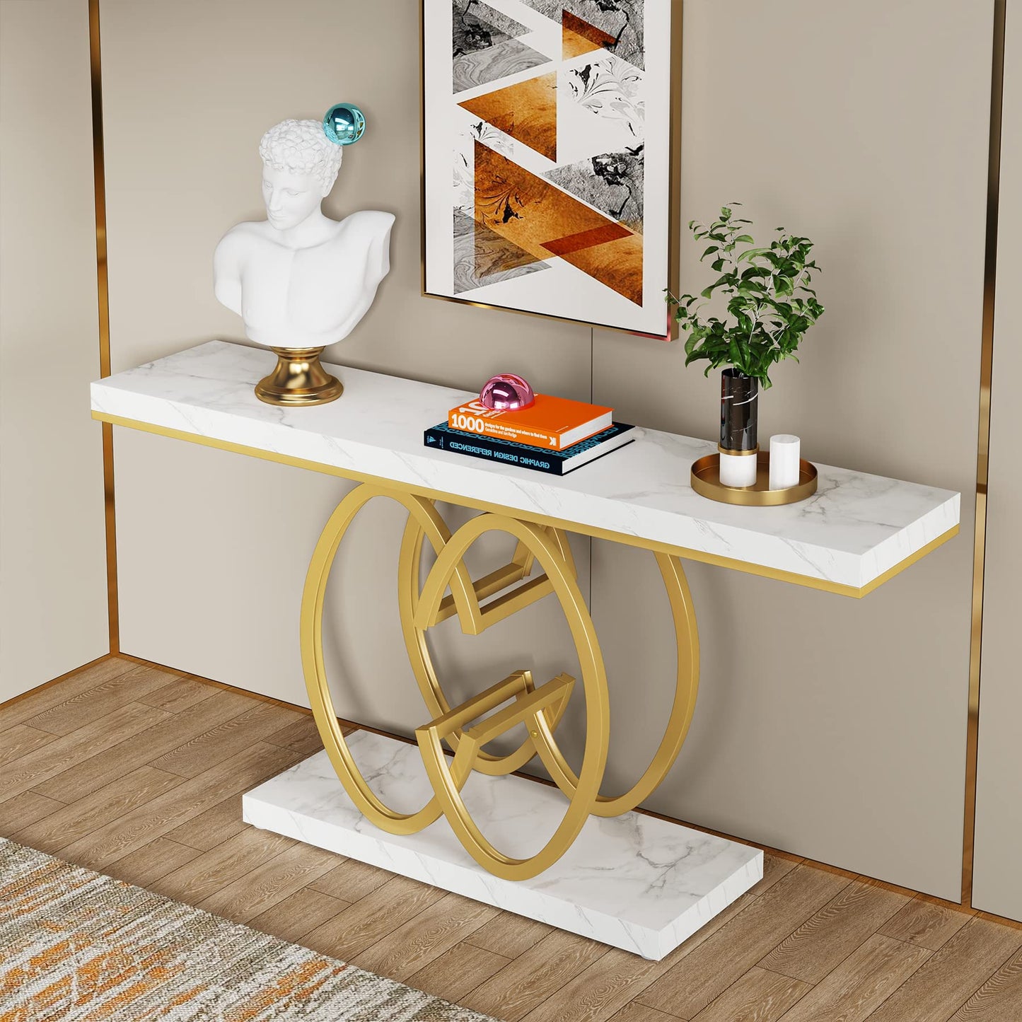 LITTLE TREE 55-Inch Gold Console Table for Entryway, Modern Faux Marble Foyer Table with Geometric Metal Legs, Narrow Long Sofa Table for Living Room