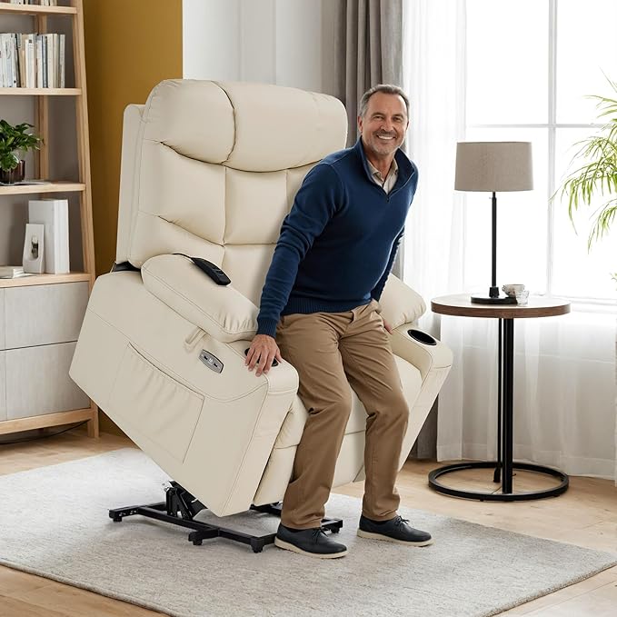 MCombo Power Lift Recliner Chair with Extended Footrest for Elderly People, Faux Leather 7287 (Cream White, Medium)