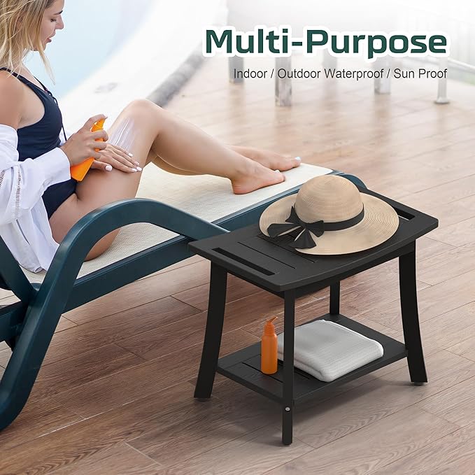 Waterproof Shower Benches for Inside Shower, Poly Lumber Shower Stool with Storage Shelf & Adjustable Feet, SPA Bathroom Seat Chair for Shaving Legs, Indoor or Outdoor Use, Black