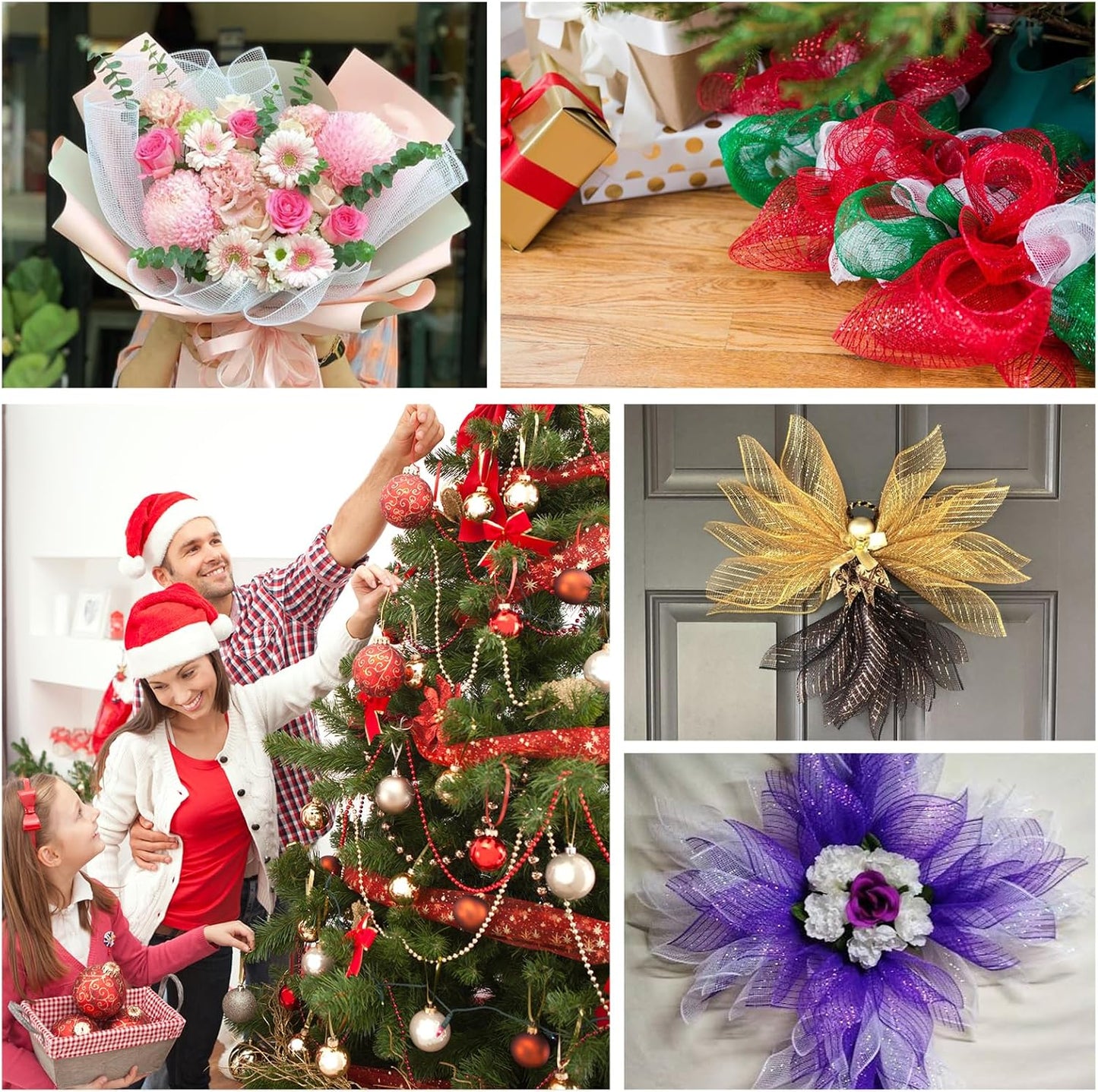 2 Rolls Mesh Ribbon for Wreaths 10 Inch x 30 Foot Wreath Mesh Rolls with Metallic Foil for Easter Christmas Party Wedding Home Decor DIY Craft Projects and Gift Wrapping(Red/Middle)