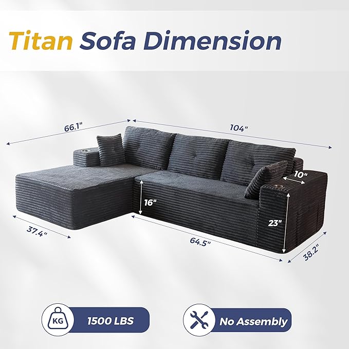 MAXYOYO 104" Modular Sectional Couch with L-Shape Chaise, Modern Boneless Couch for Living Room, Sofa in A Box, Oversized Sofa Sleeper with Deep Seat, No Assembly Required, Dark Grey