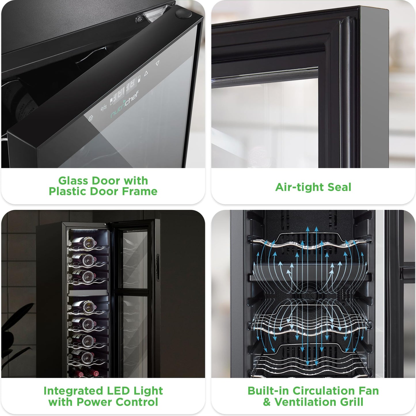 Nutrichef 24 Bottle Wine Fridge - Dual Zone Wine Chiller, Adjustable Temperature 41°F to 64°F, Ultra Quiet Operation, Free Standing Wine Cooler For Home, & Office, 39 x 11 x 26 IN (Black)