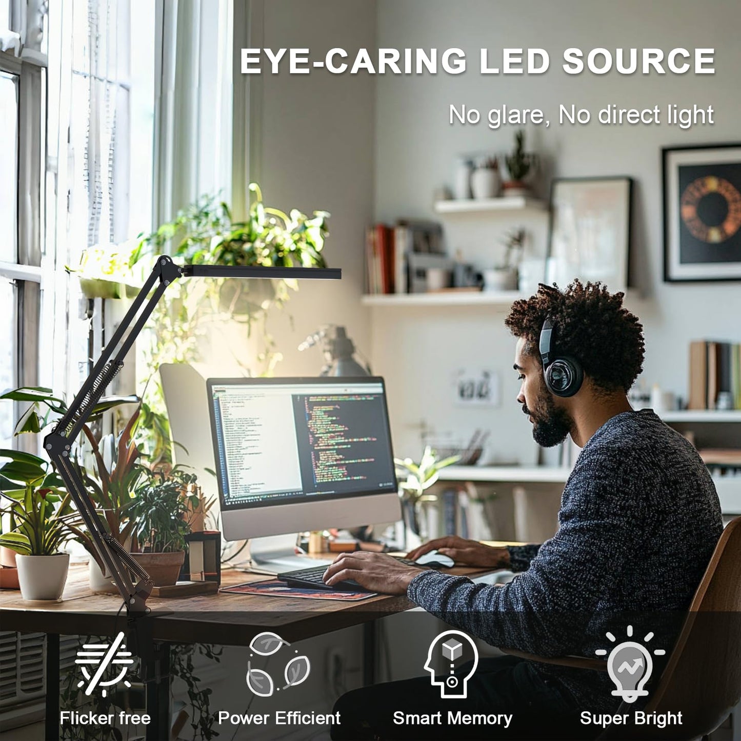 TROPICALTREE LED Desk Lamp for Home Office, Clamp-On with 5 Light Modes & Auto Shut Off | 14W Adjustable Brightness 5000K Eye-Caring Lighting for Study/Bedroom/Computer Desk