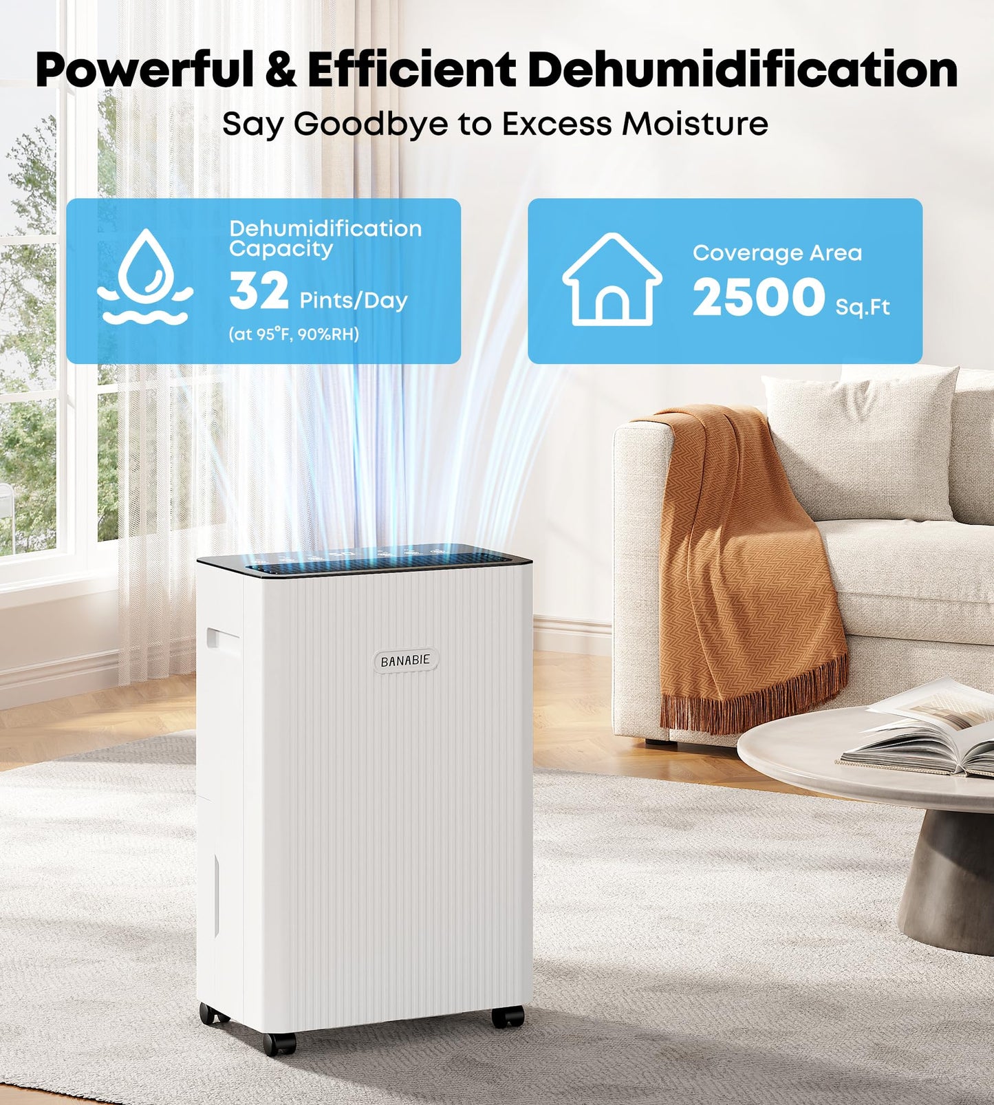 BANABIE 2500 Sq.Ft Dehumidifier for Basement, 32 Pint Dehumidifiers for Home with Drain Hose, Ultra Quiet 32dB, Smart Humidity Control, 24H Timer, Energy Efficient, Portable for Bedroom, Bathroom, RV