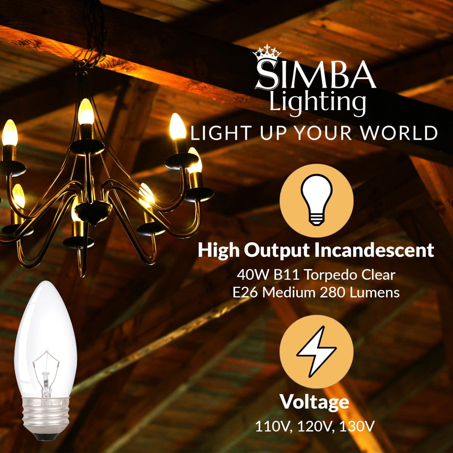Simba Lighting Torpedo Clear B11 C35 CTC 40W E26 Base (6 Pack) Decorative Incandescent Light Bulbs 120V for Chandeliers, Ceiling Fan Lights, Pendants, Wall Sconces, Dimmable, Warm White 2700K