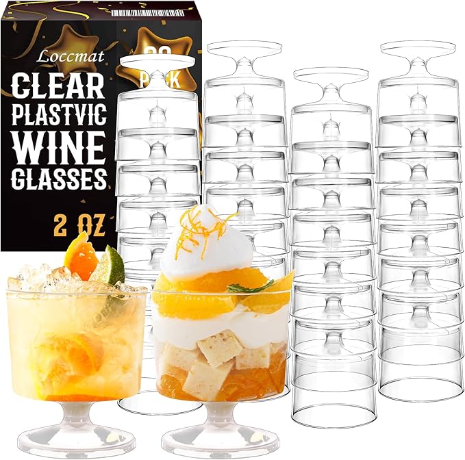 Loccmat 2 oz Mini Dessert Cups, 80 Pack Clear Plastic Wine Glasses, Disposable Dessert Shot Glasses for Party, Wedding, Bi...