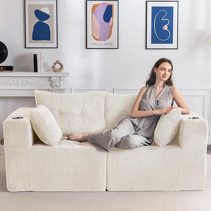 MAXYOYO Modular Sectional Sofa Couch, Loveseat Boneless Cloud Couch for Living Room, Sofa in A Box, Upholstered Cozy Chair with Tufted Craft, No Assembly Required, Beige