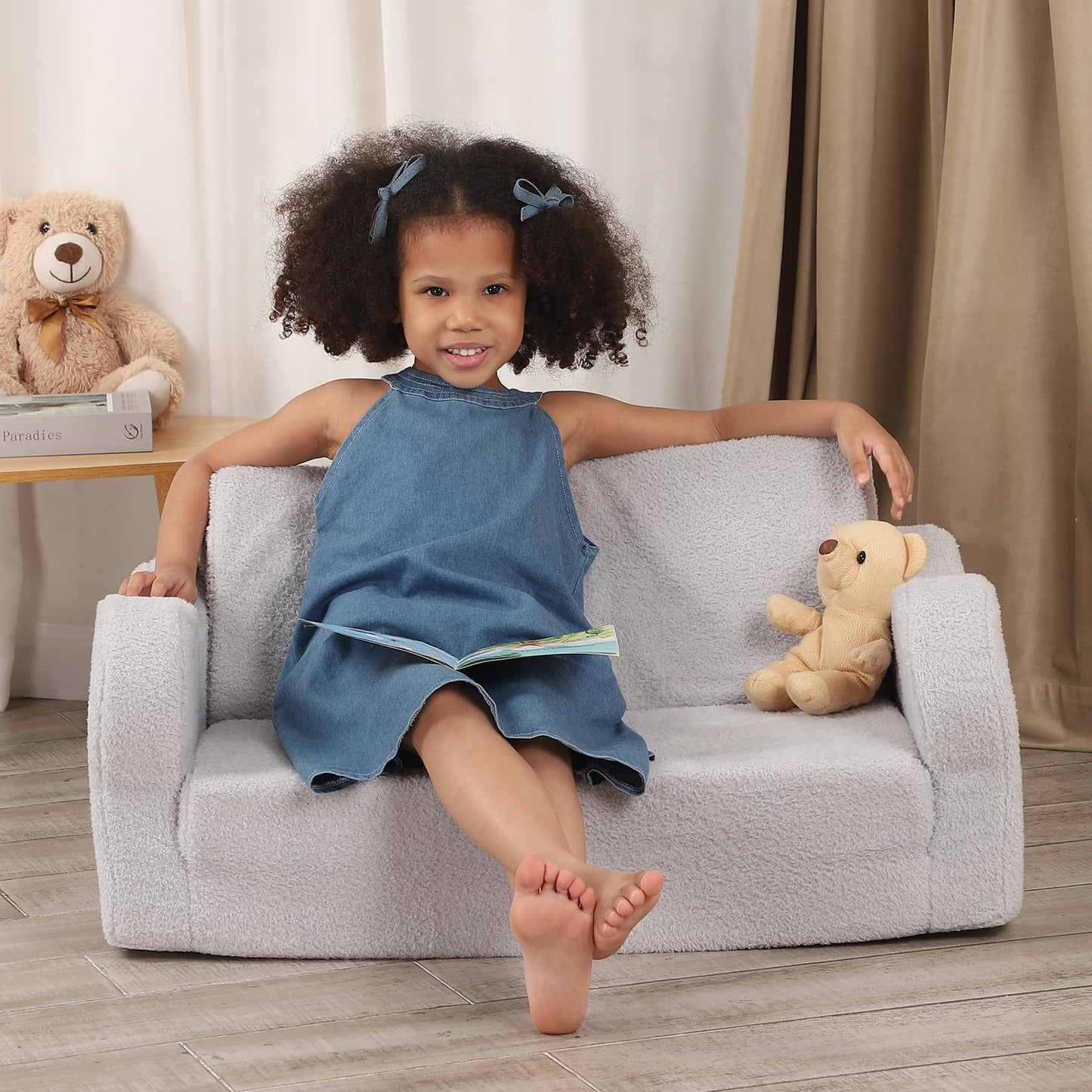 BestRoyal Extra Wide Toddler Chair, 2-in-1 Toddler Couch Fold Out, Convertible Sherpa Sofa to Lounger for Boys & Girls, Grey