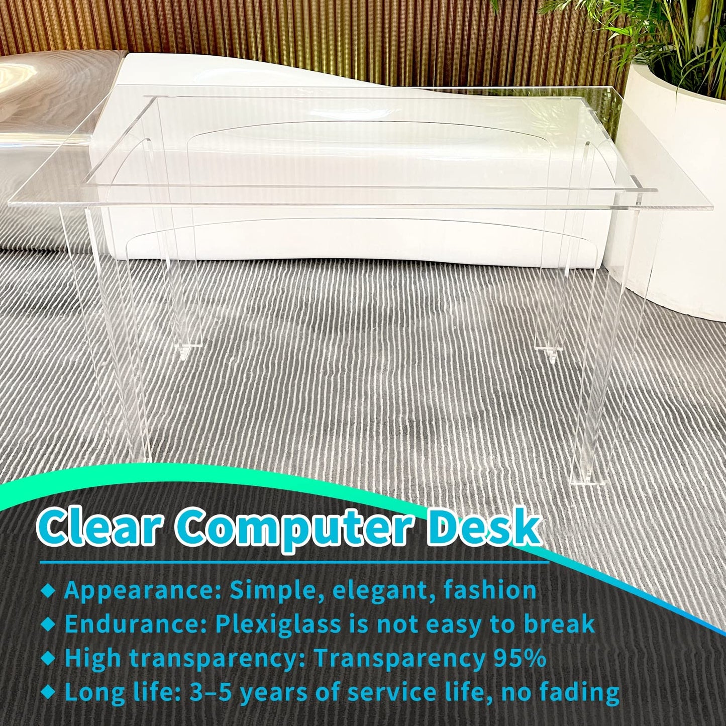 Nalwort Acrylic Desk 47" L x24 W x 29" H, Modern Simple Study Writing Desk, Rectangular Shaped Laptop Computer Desk, Home Office Desks, Clear Desk for Party Event, Bedroom