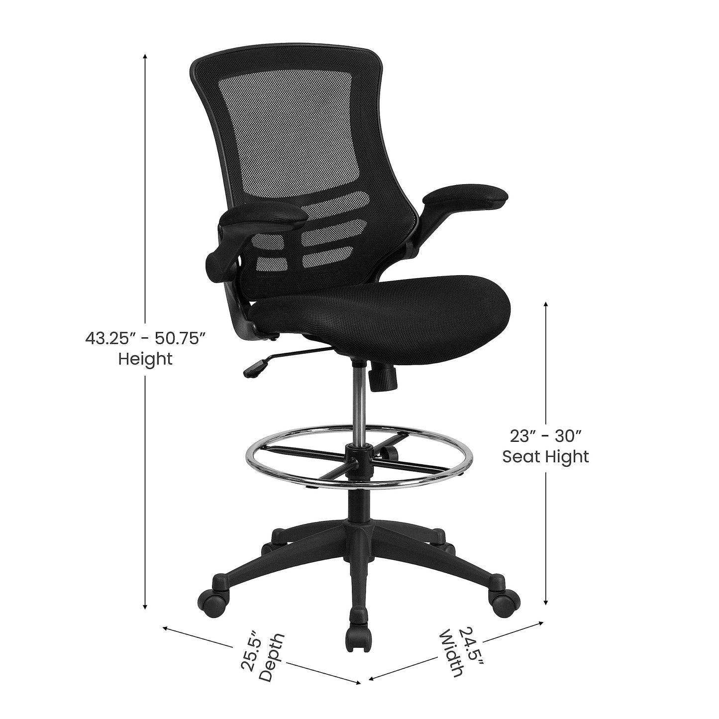 Flash Furniture Kelista Mid-Back Swivel Office Chair with Adjustable Seat Height, Ergonomic Mesh Desk Chair with Flip-Up Armrests, Black