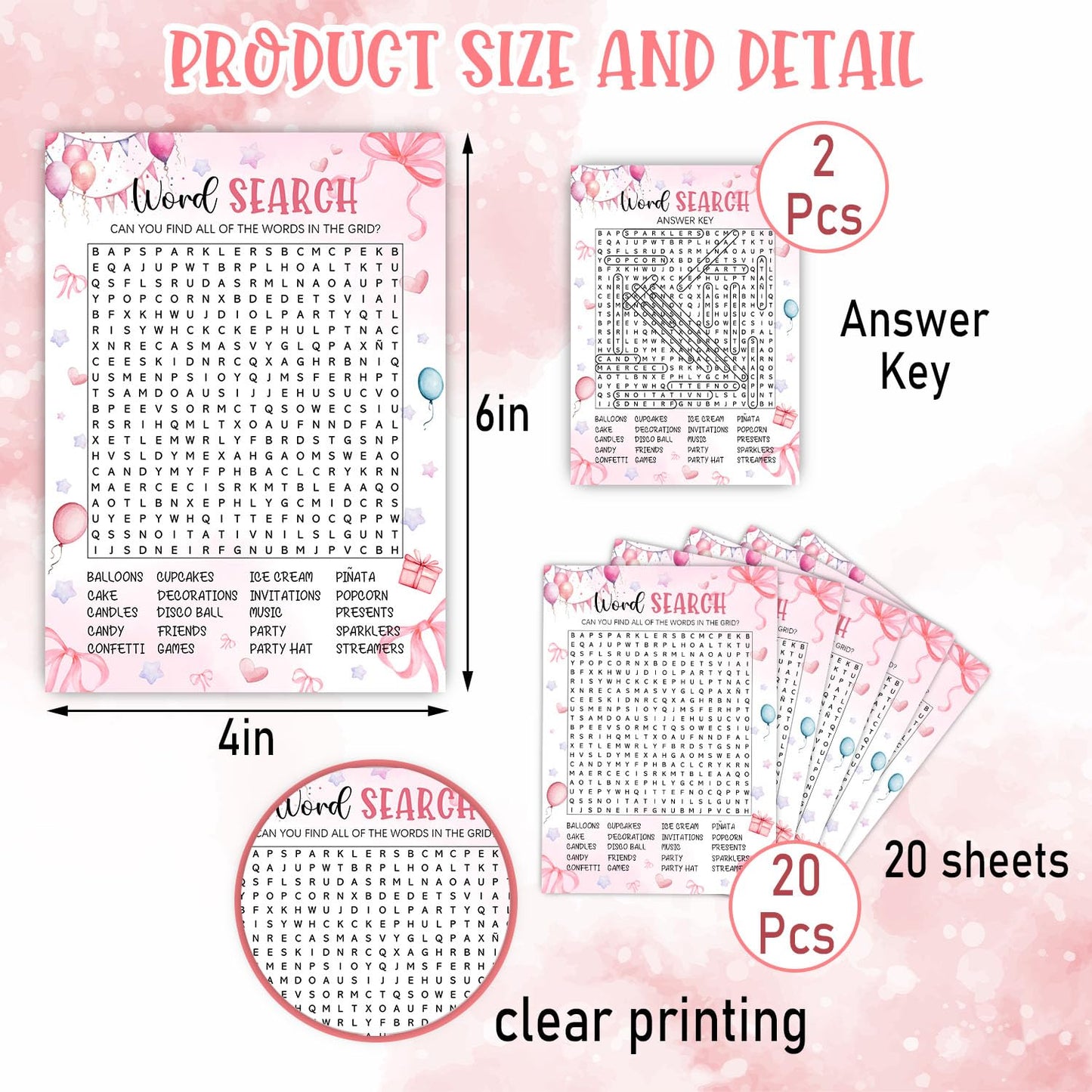 Coquette Pink Bow Themed Sleepover Slumber Party Supplies- Pink Slumber Party Games Card - Sleepover Stuff- Birthday Night Games Creative Idea -Word Search- 20 Game Cards and 2 Answer Key