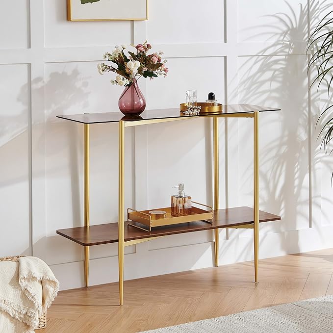 Pine Flicker Rectangle Glass Console Table, Mid-Century Modern Design, L41*W14*H32 inch, for Living Room, Amber Glass Top and Walnut Finish Wood Shelf, Conical Metal Legs with Gold Finish