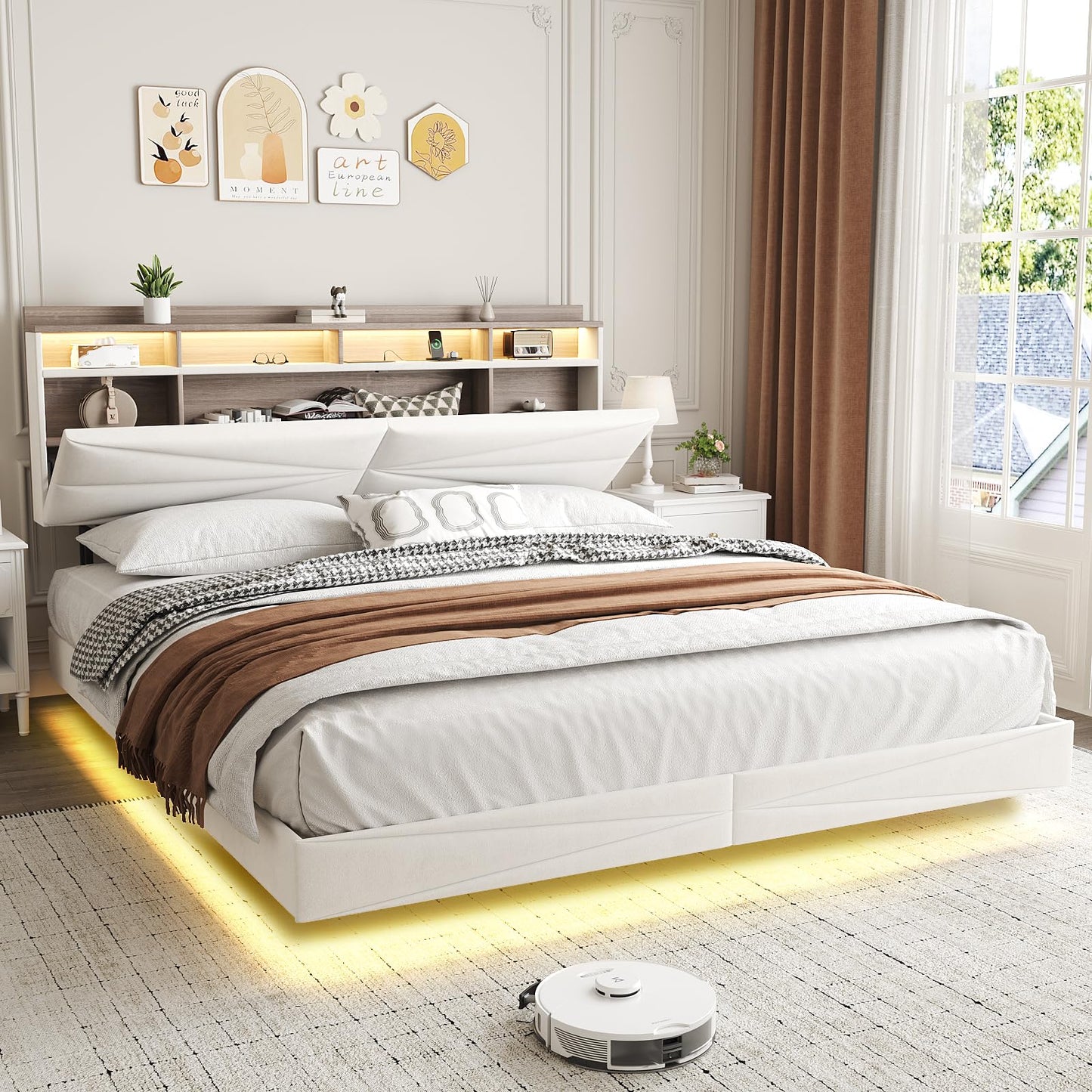 Queen Size Floating Bed Frame with Hidden Storage Headboard, Modern Metal Queen Bed with Charging Station, Upholstered Platform Bed with Shelf and LED Lights, Noise-Free, No Box Spring Needed, White