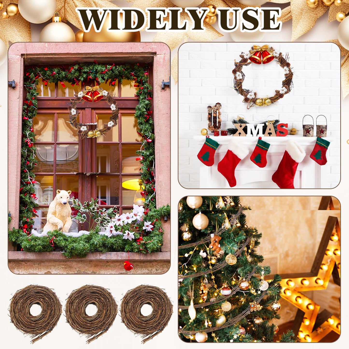 Janinka 6 Pcs Grapevine Garland Natural Grape Vine Wreath for Crafts DIY Twig Garland Rattan Hanging Vine Wreath for Wedding Christmas House Holiday Door Vase Wall Home Decor (90ft)