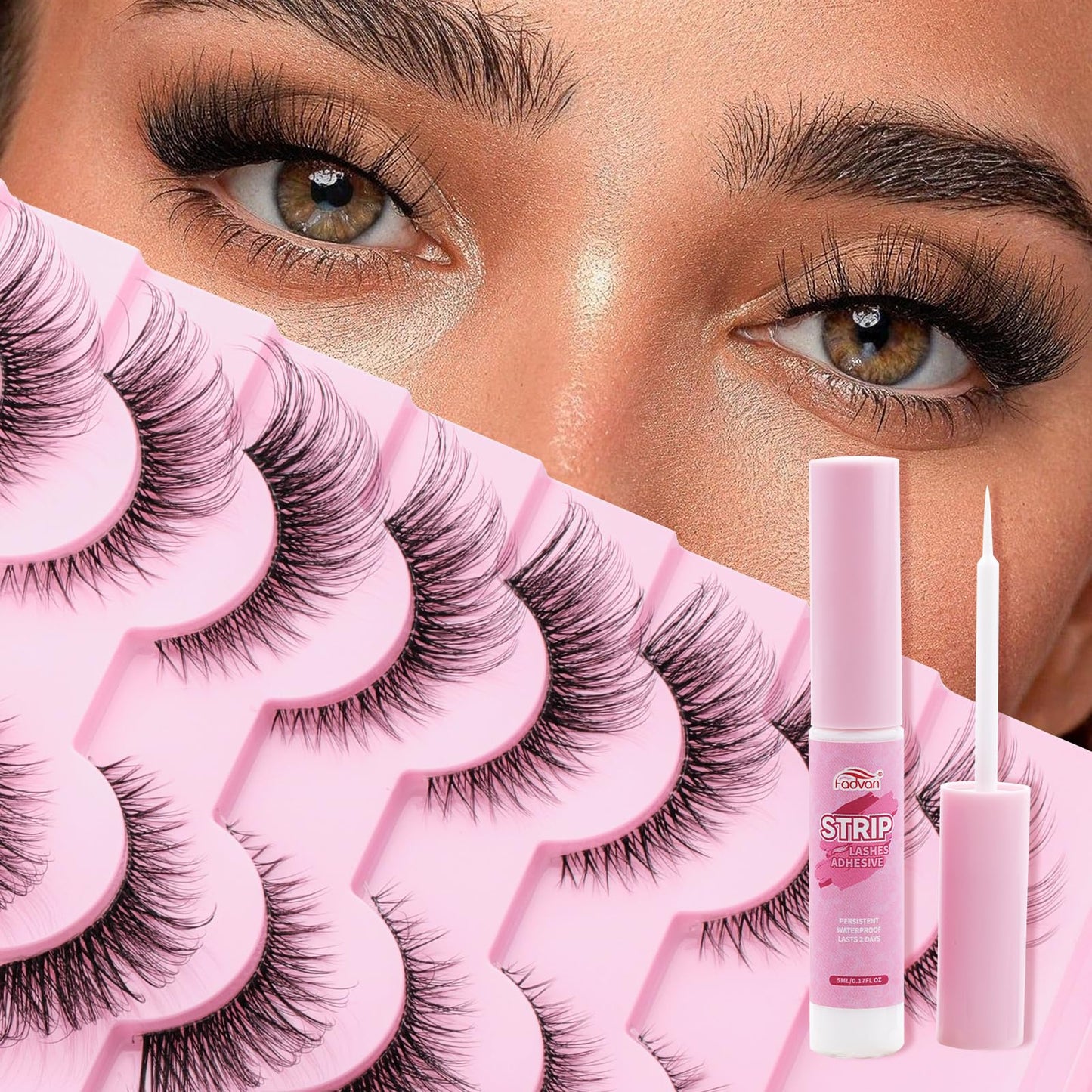 Natural Cat Eye Lashes Wispy False Eyelashes Thin Cotton Band Soft Mink Lashes Natural Eye Lashes Kit with Clear Glue Pack 10 Pa