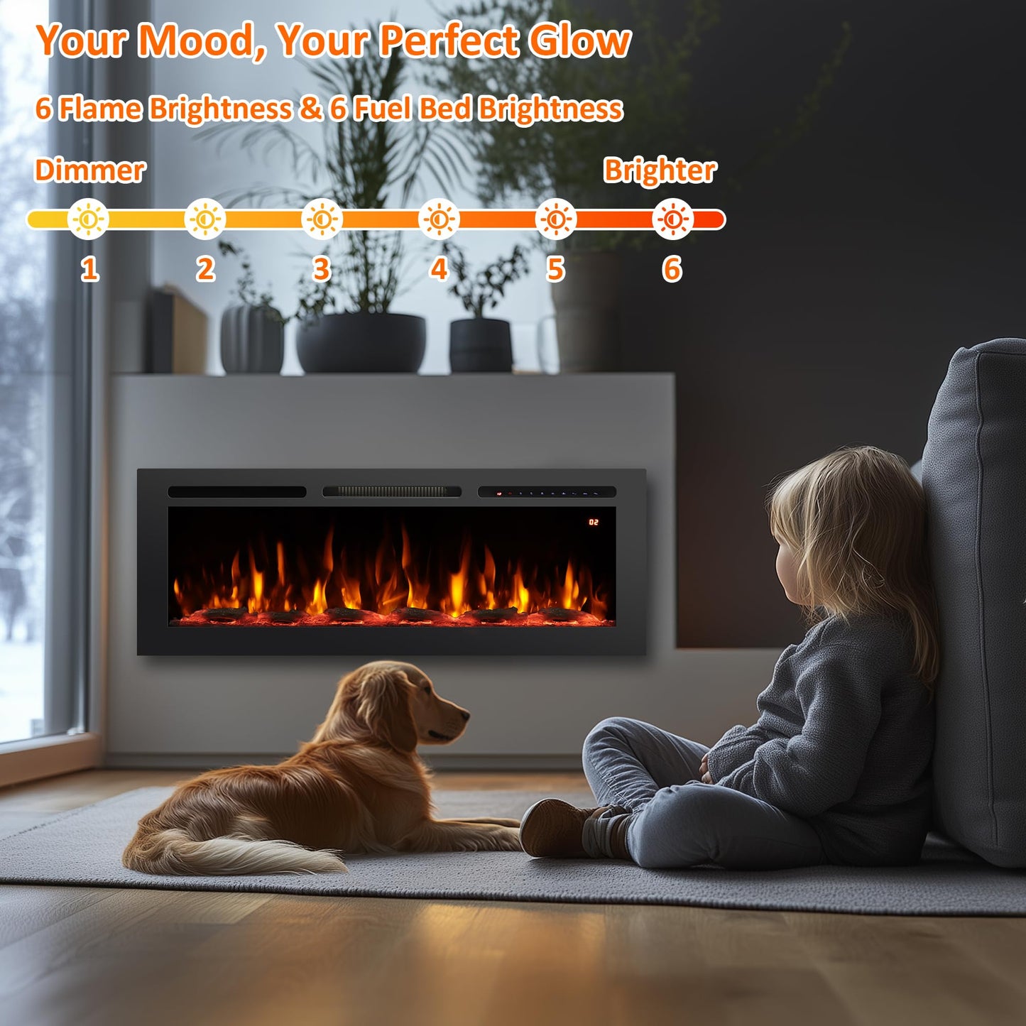 Rodalflame 48" Electric Fireplace Inserts, Adjustable Flame&Speed, Thermostat Heater, Recessed, Wall Mount, Freestanding, Brightness, Child Lock, Timer