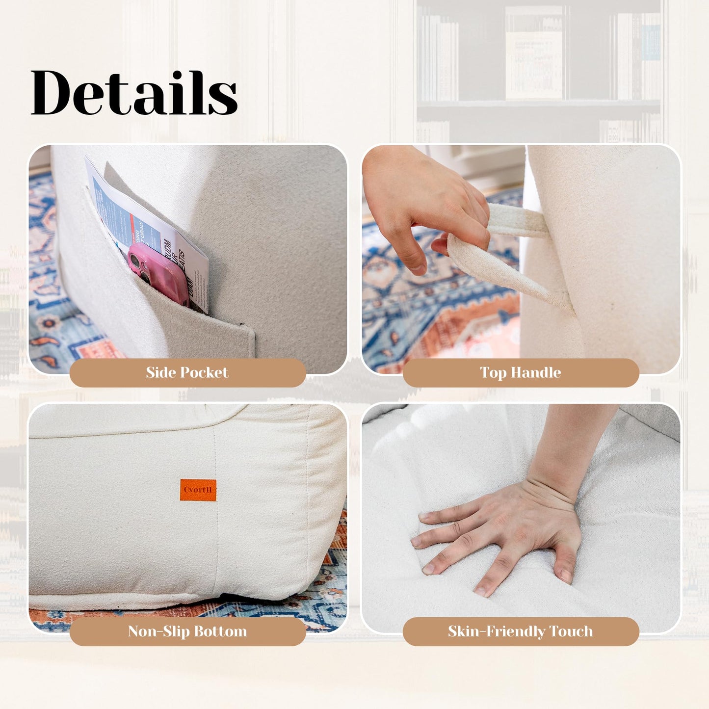 Cvortll Bean Bag Chair for Adults, Comfy Tufted Bean Bag Chair Sofa with Armrests, Lazy Beanbag Chair with Foam Filler Stuffed Bean Bag Couch Sofa for Reading in Bedroom, Living Room and Dorms
