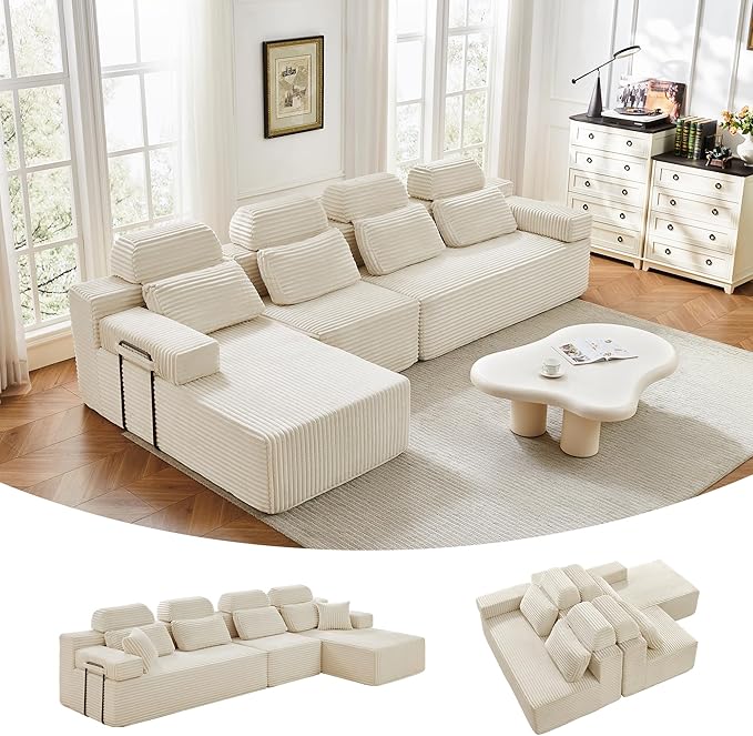 136" L-Shaped Cloud Modular Sectional Sofa with Chaise & Headrest, Boneless Deep Seat Plush Corduroy Couches for Large Living Room, No Assembly Required (White, 136" L-shapred Chaise)