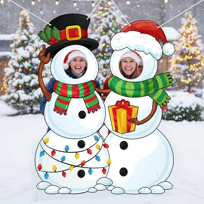 WovWeave Snowman Christmas Photo Booth Fabric Banner with Two Face Cutouts, 55" x 44" Holiday Party Decorations, Winter Ba...