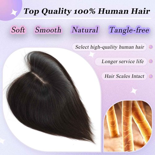 Hair Toppers for Women Real Human Hair， 360° 3D Cover Hair Topper Clip in Bangs 10 Inch Realistic Scalp Pieces for Women with Thinning Crown (Dark Brown, Side Bangs)