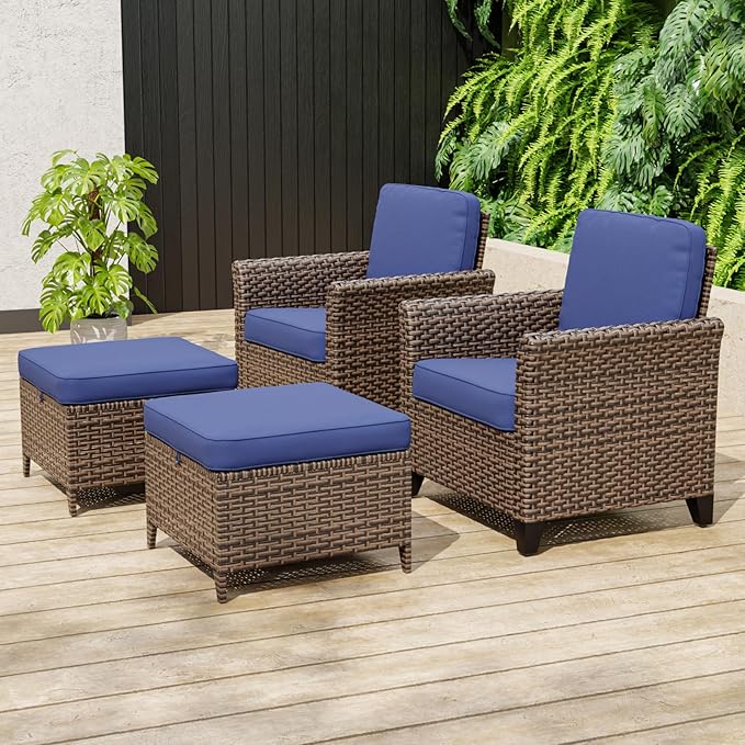 COOS BAY Harbor Retreat 4 Piece Outdoor Furniture Set, Patio Conversation Set with Patio Chairs and Ottomans, Wicker Furniture, Brown/Blue