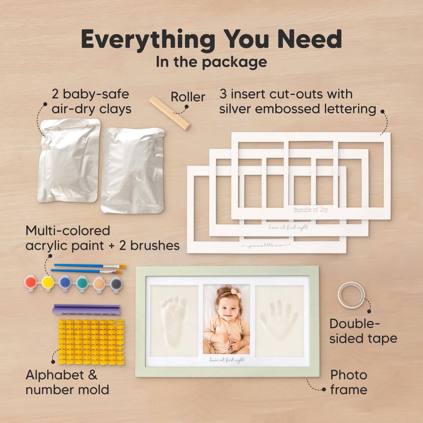 Baby Hand and Footprint Kit - Clay Handprint Keepsake Frame, Newborn Nursery Picture Frame, Personalized New Mom Gifts for Baby Shower & Registry (Sage)