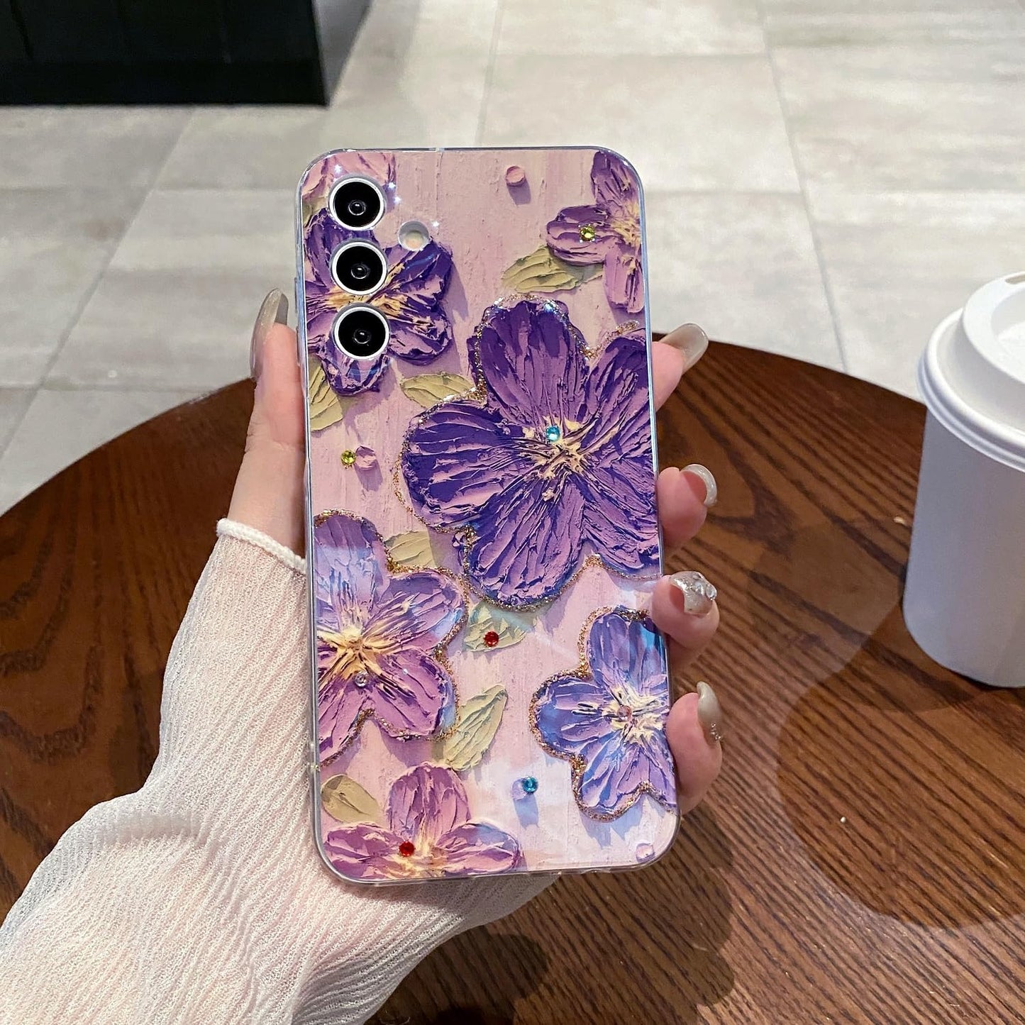 Leleyun Case For Samsung Galaxy A13 5G, Retro Oil Painting Printed Flower Cute Pattern With Glitter Gem Phone Cover Durable Tpu
