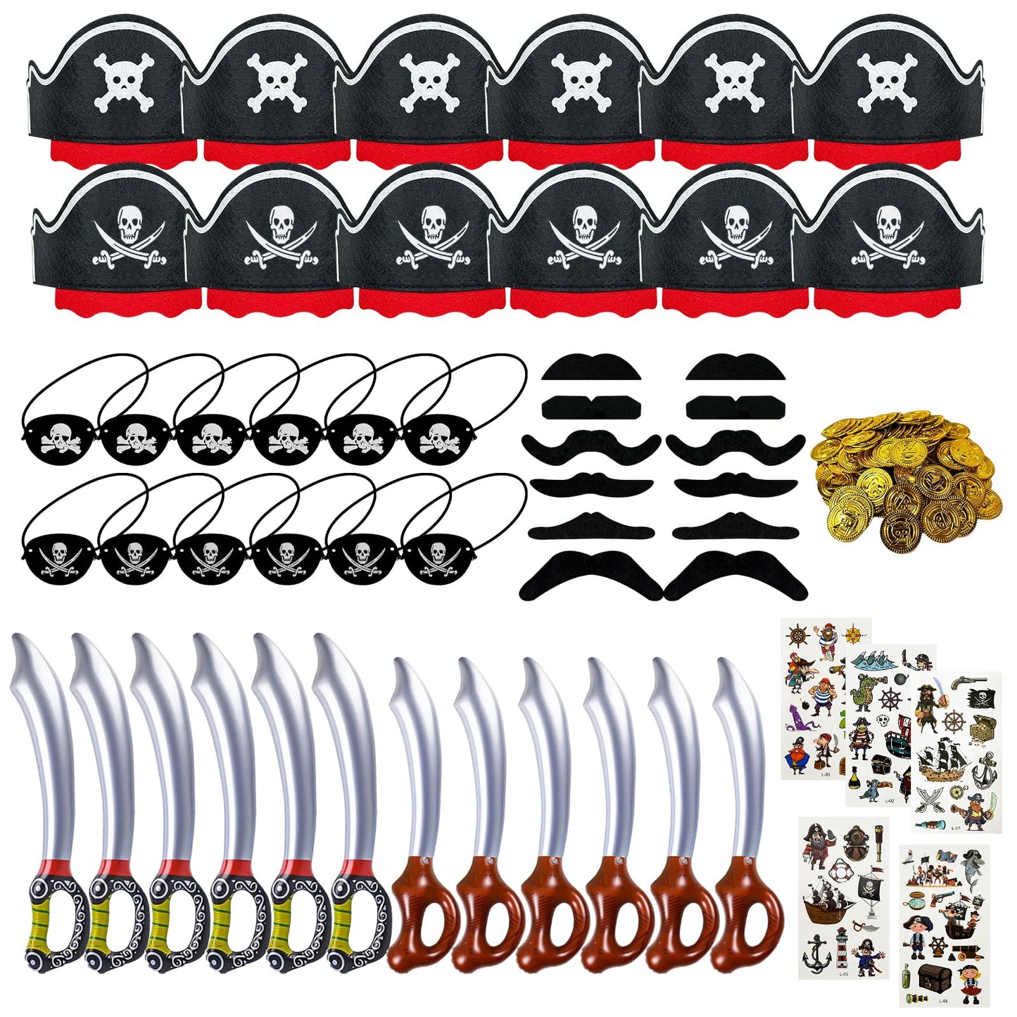Fun Pirate Party Supplies Set - 153-Piece Fun Pack for Kids: Pirate Birthday, Adventure & Souvenir - Includes 12 Hats, 12 Eye Patches, 12 Swords, 12 Beards, 12 moustaches，100 Gold Coins & 5 Stickers